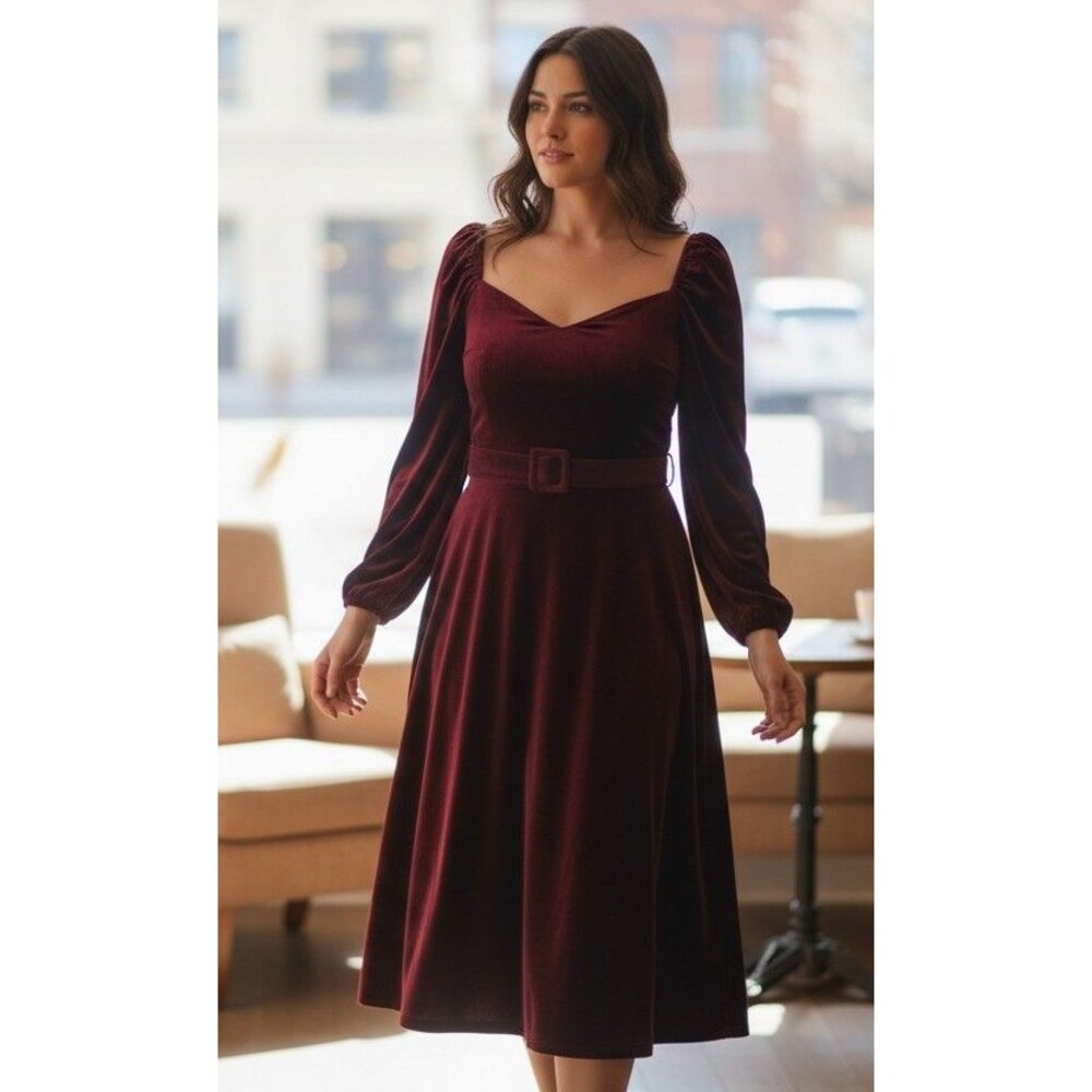 DESIGNER CIDER BURGUNDY SQUARE NECK LONG SLEEVE KNEE LENGTH VELVET BELT DRESS XL